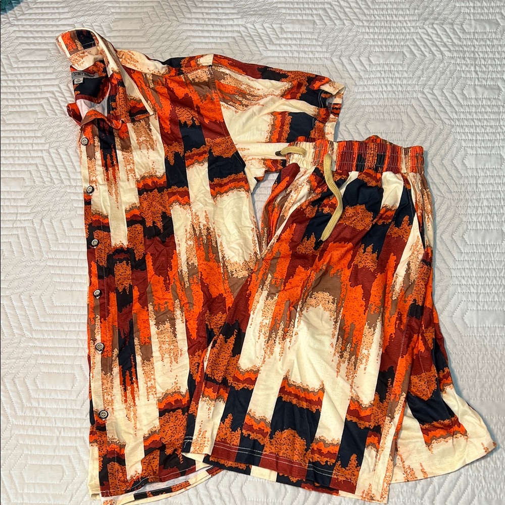Stacy Adams Vibrant Abstract Shorts Shirt Set Orange, Black, Cream men’s XL